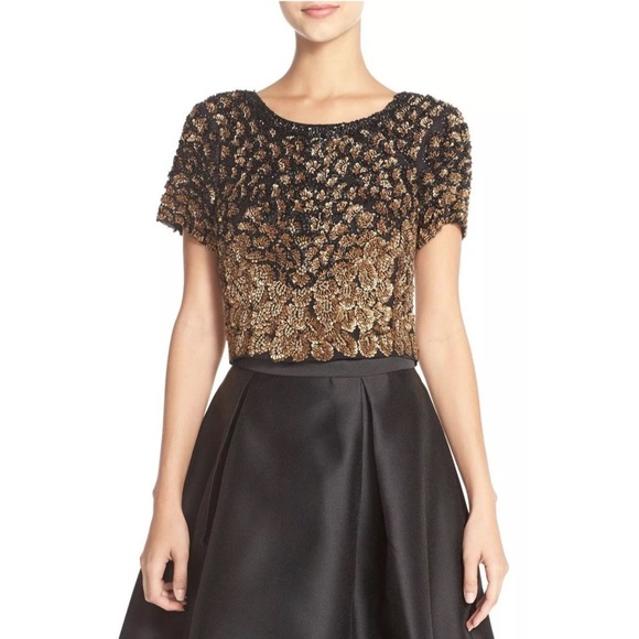 Parker Black Chrissy Embellished Sequin Silk Black Gold Crop Top Size 6 - Picture 1 of 16